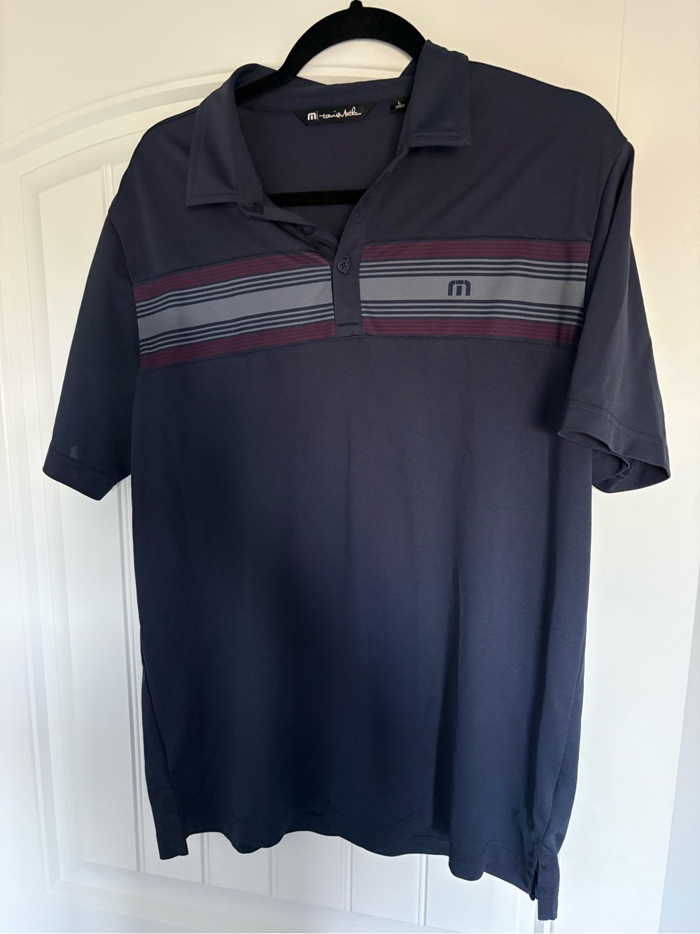 Travis Mathew Men’s Navy Polo with Striped Chest Large